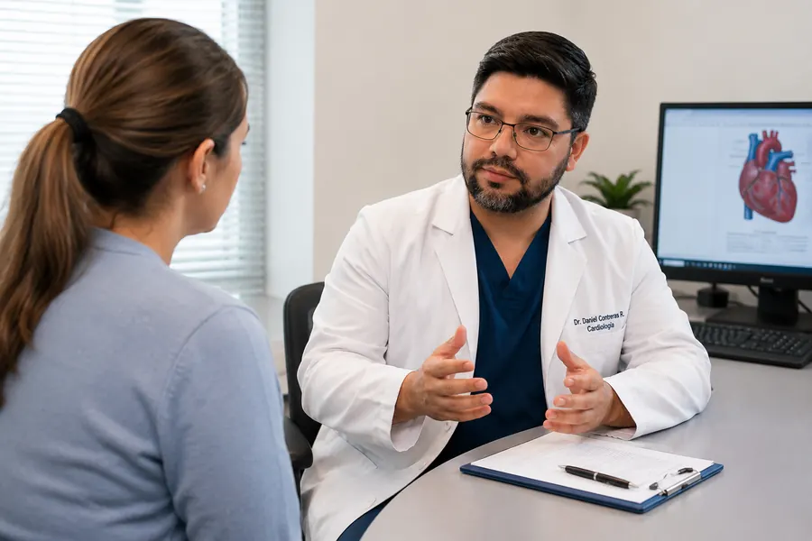 Dr. Daniel Contreras Reyes, cardiólogo en Providencia, explicando a una paciente durante una consulta cardiológica